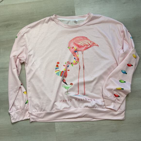 Unknown Sweaters - Womens Long Sleeve Crewneck Christmas Sweater Pink Flamingo Happy Hour 2XL